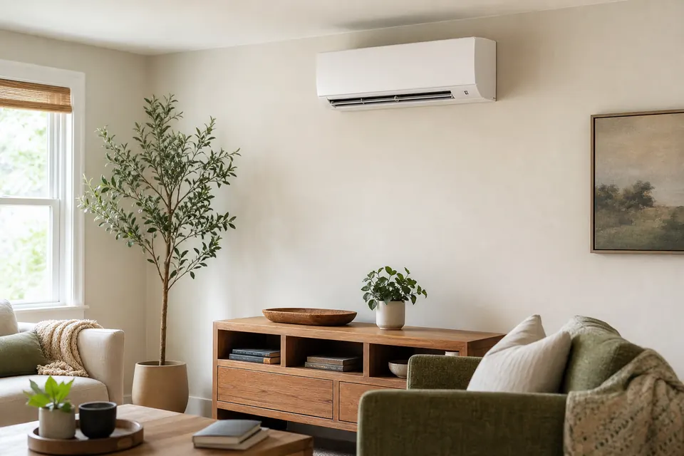 Efficient ductless mini-split air conditioner in a comfortable living room