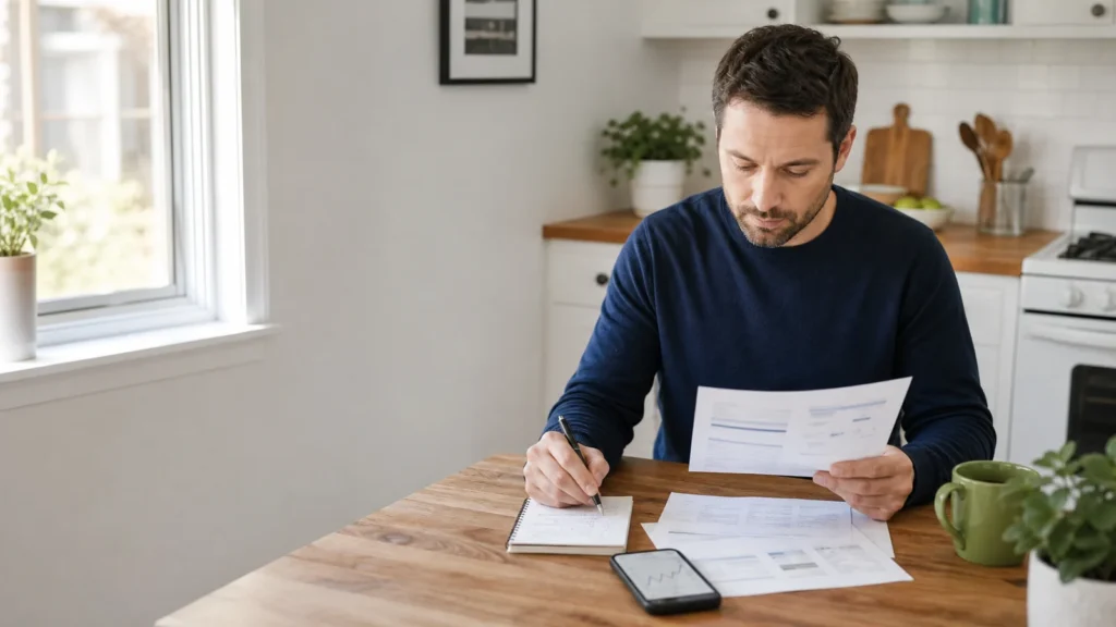 Homeowner comparing an electricity bill and kWh notes at a kitchen table