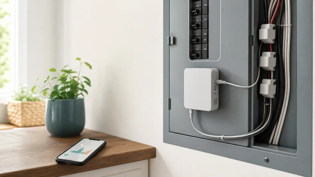 Generic panel-mounted home energy monitor and current sensors in a residential utility area