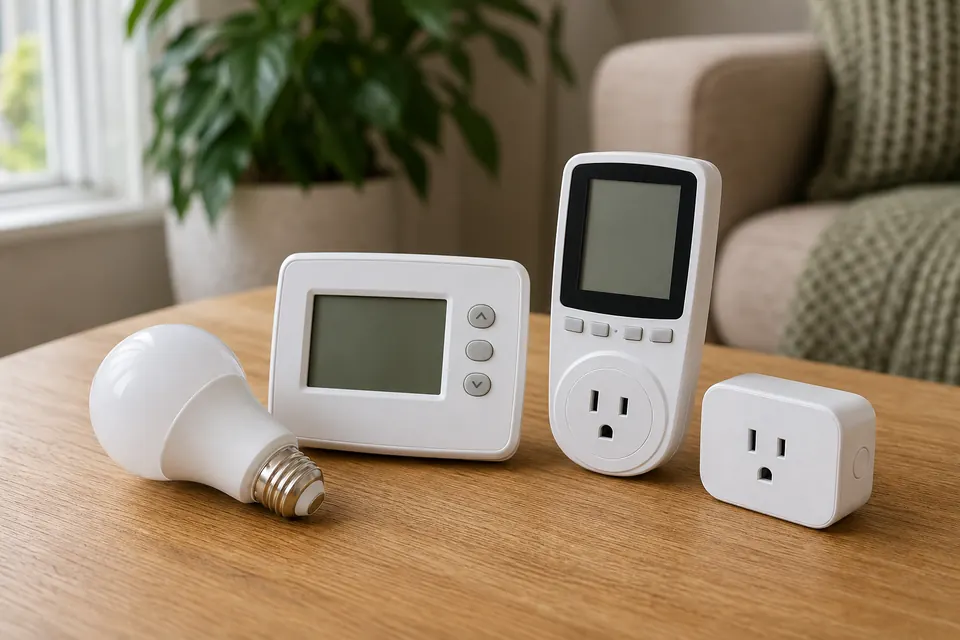 LED bulb, programmable thermostat, electricity meter, and smart plug