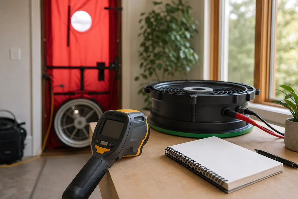 Home energy audit tools including a thermal camera and blower-door equipment