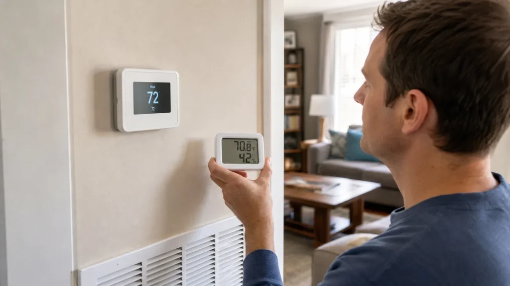 Homeowner comparing a wall thermostat with a room thermometer