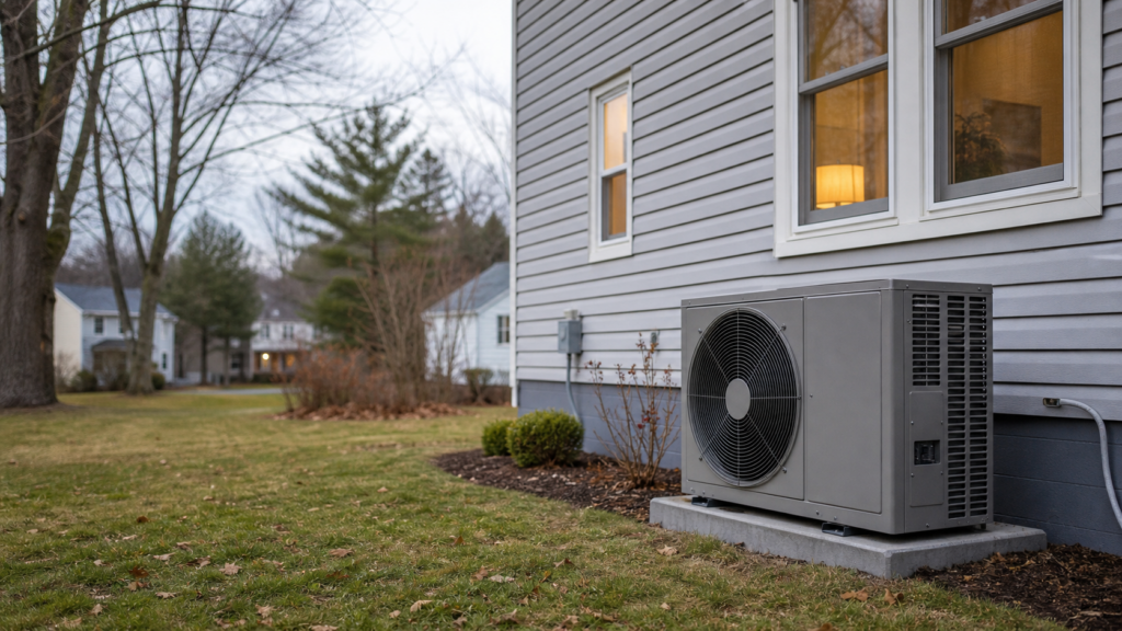 Outdoor heat pump beside a residential home