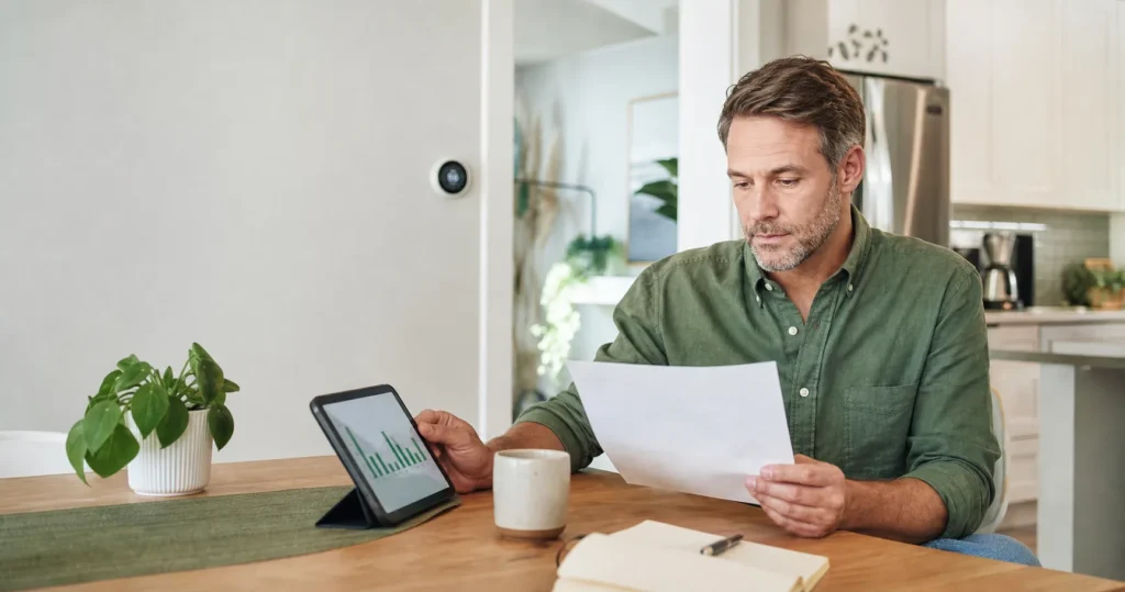 Homeowner reviewing an electricity bill and household energy-use chart