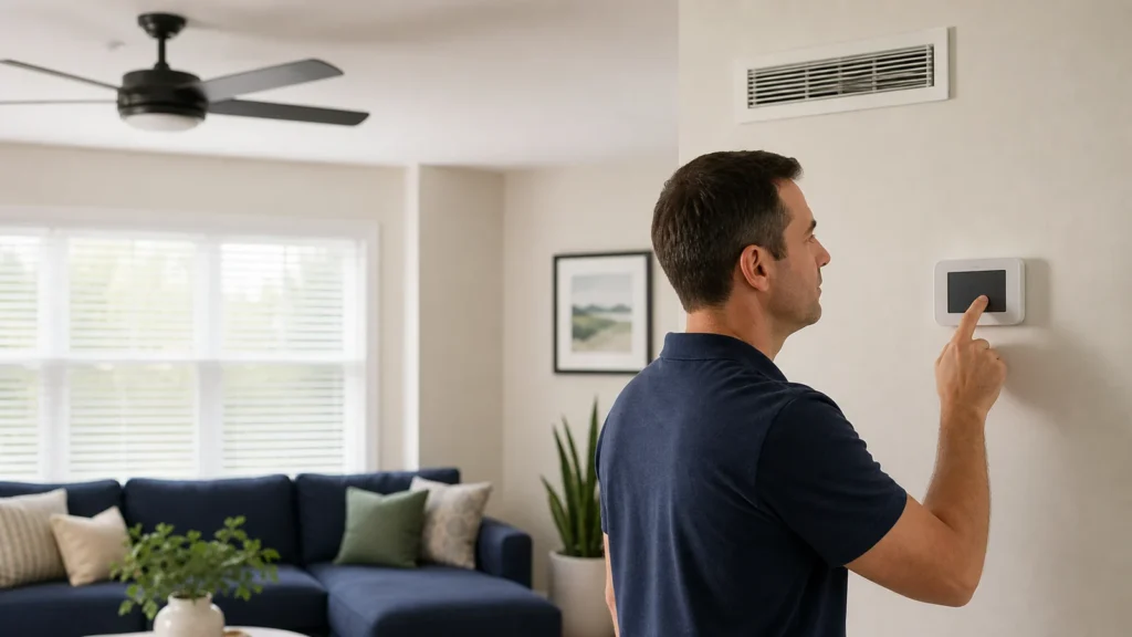 Homeowner checking a wall thermostat in a bright living room with a ceiling fan