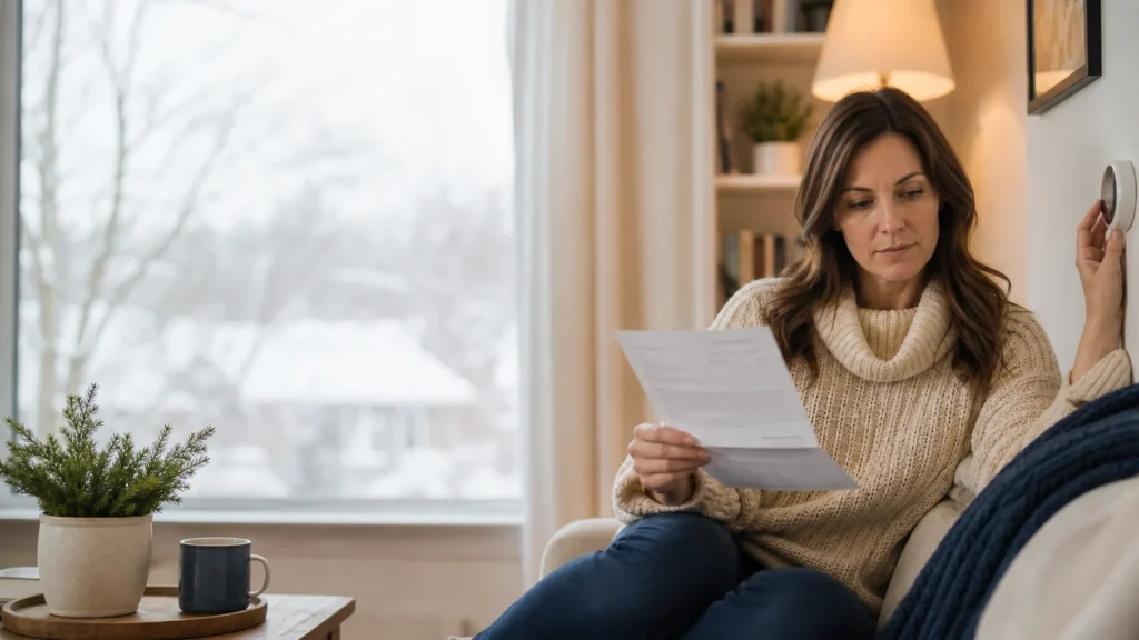 Homeowner reviewing an electricity bill beside a thermostat on a winter day