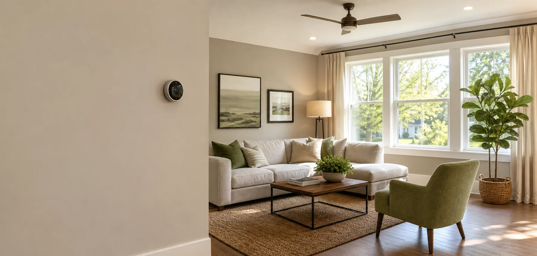Energy-efficient living room with smart thermostat, ceiling fan, LED lighting, and insulated windows