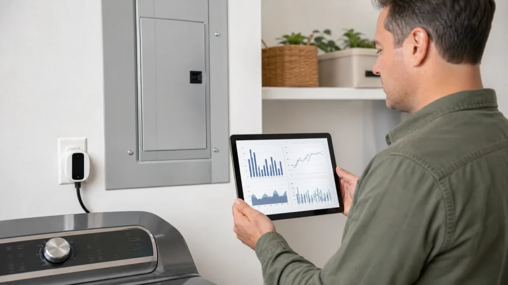 Homeowner reviewing a household energy monitoring dashboard beside an electrical panel