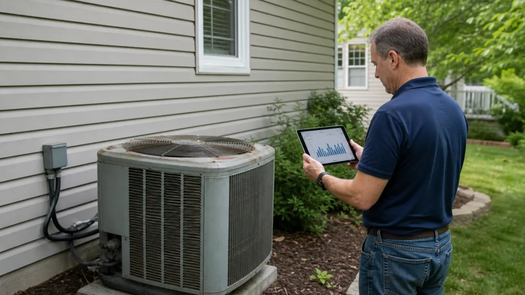 Homeowner reviewing electricity usage beside an older central air conditioner