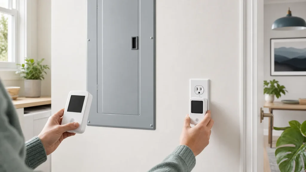 Plug-in electricity meter beside a closed home electrical panel