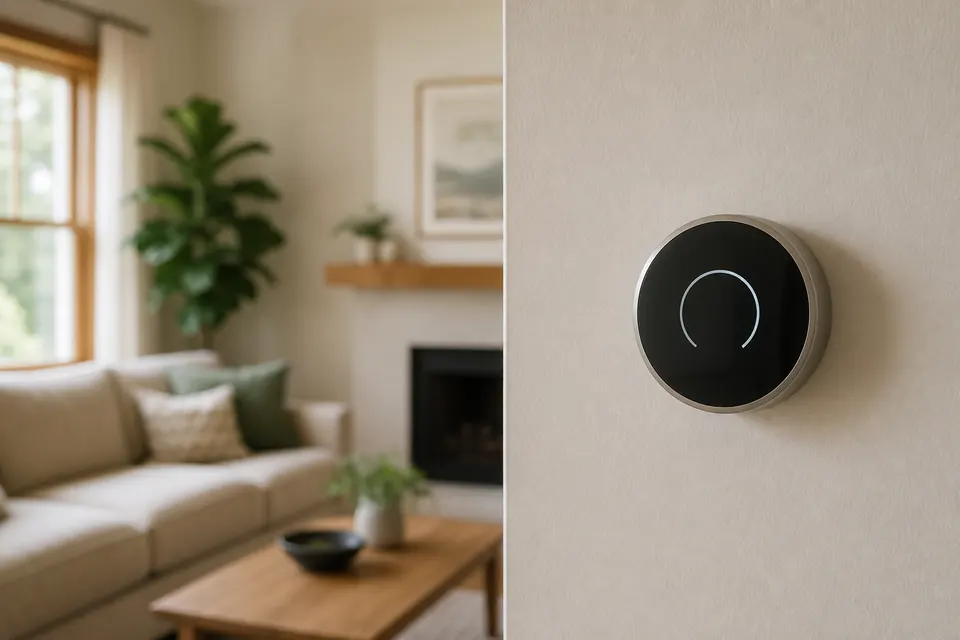 Smart thermostat mounted on a living-room wall