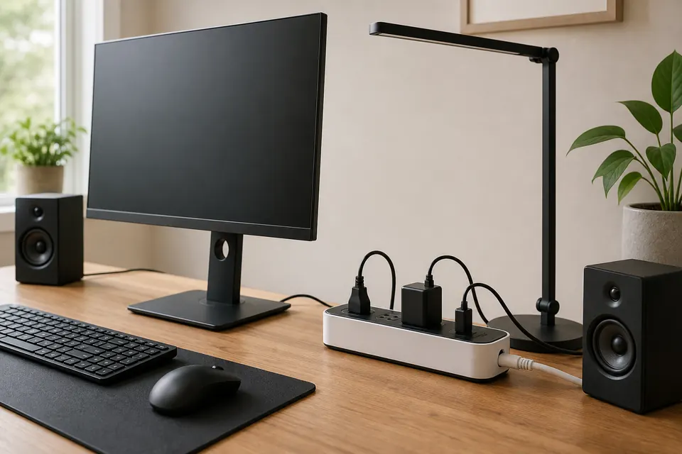 Smart power strip controlling equipment on a tidy home-office desk