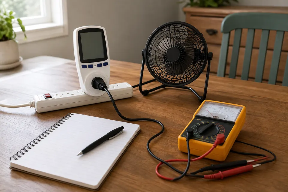 Plug-in electricity usage meter testing a small household fan