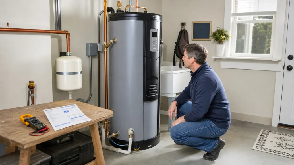Homeowner inspecting an electric water heater in a utility room