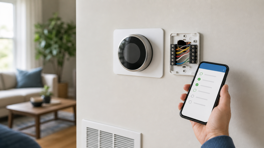 Smart thermostat beside an HVAC wiring panel while a compatibility checklist is viewed on a phone
