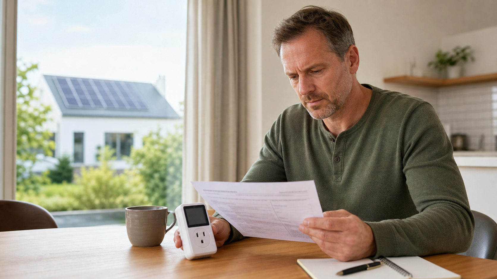 Homeowner comparing an electricity bill with a plug-in electricity meter before considering an energy device