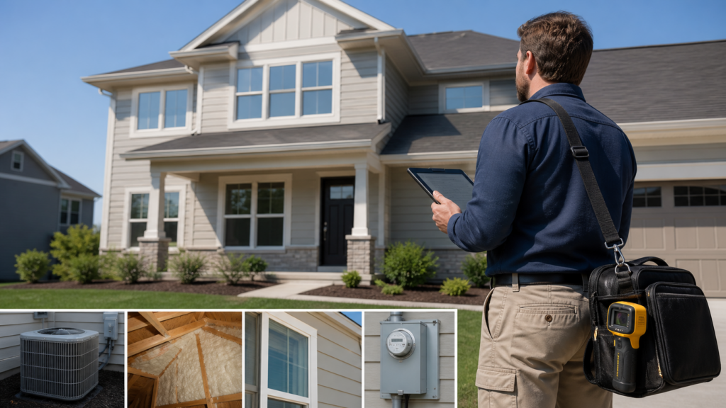 Independent energy inspector reviewing a newly built suburban home and its major energy systems