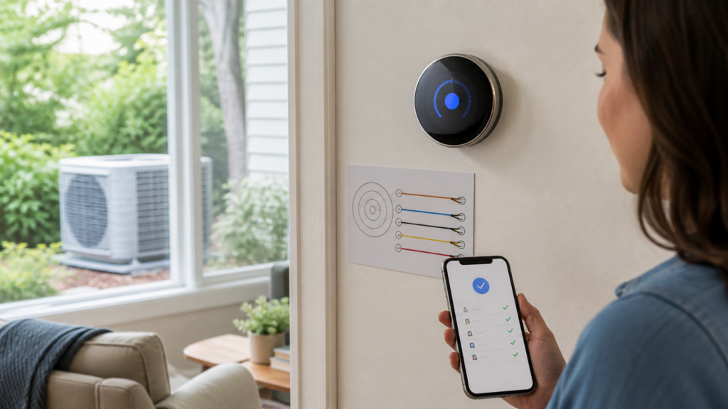 Homeowner checks a smart thermostat while a residential heat pump is visible outside