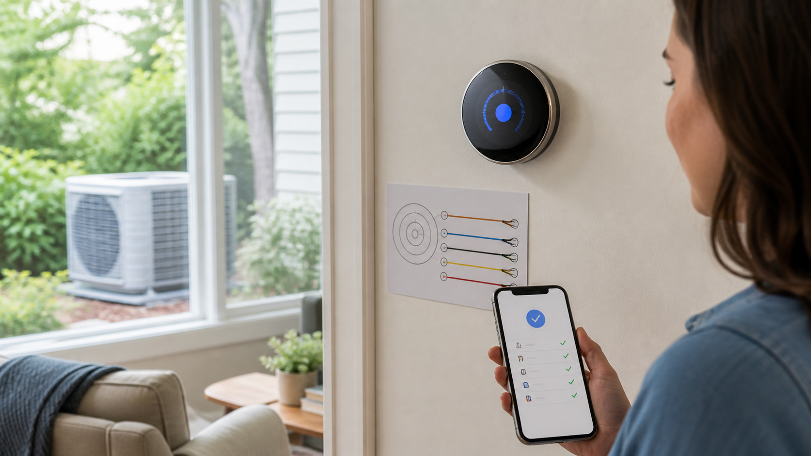 Homeowner checks a smart thermostat while a residential heat pump is visible outside