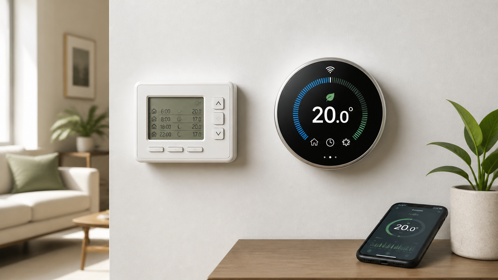 Programmable thermostat and smart thermostat shown side by side in a modern home