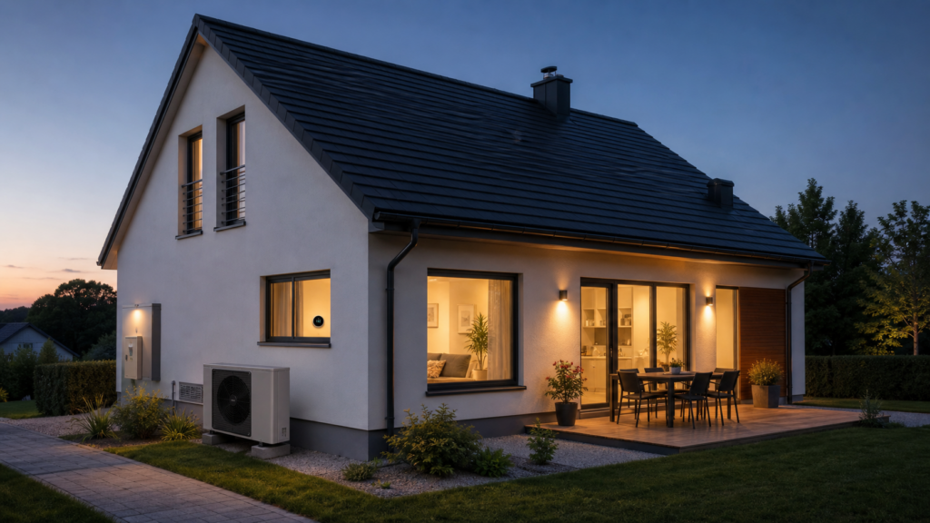 Modern home at dusk with a heat pump, energy monitor, and smart thermostat