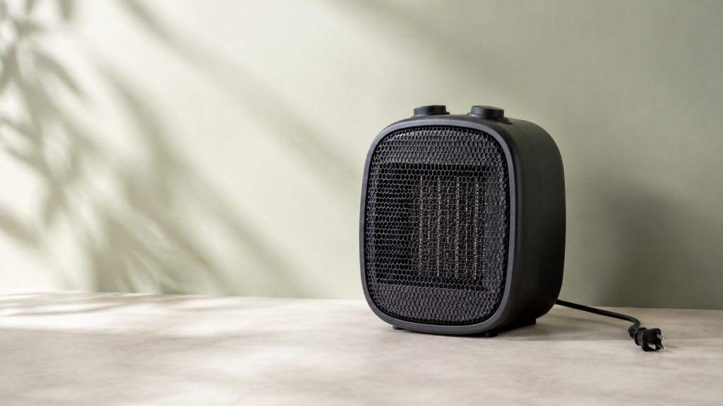 Illustration of a portable electric heater switched off with its plug disconnected on a clear stone surface